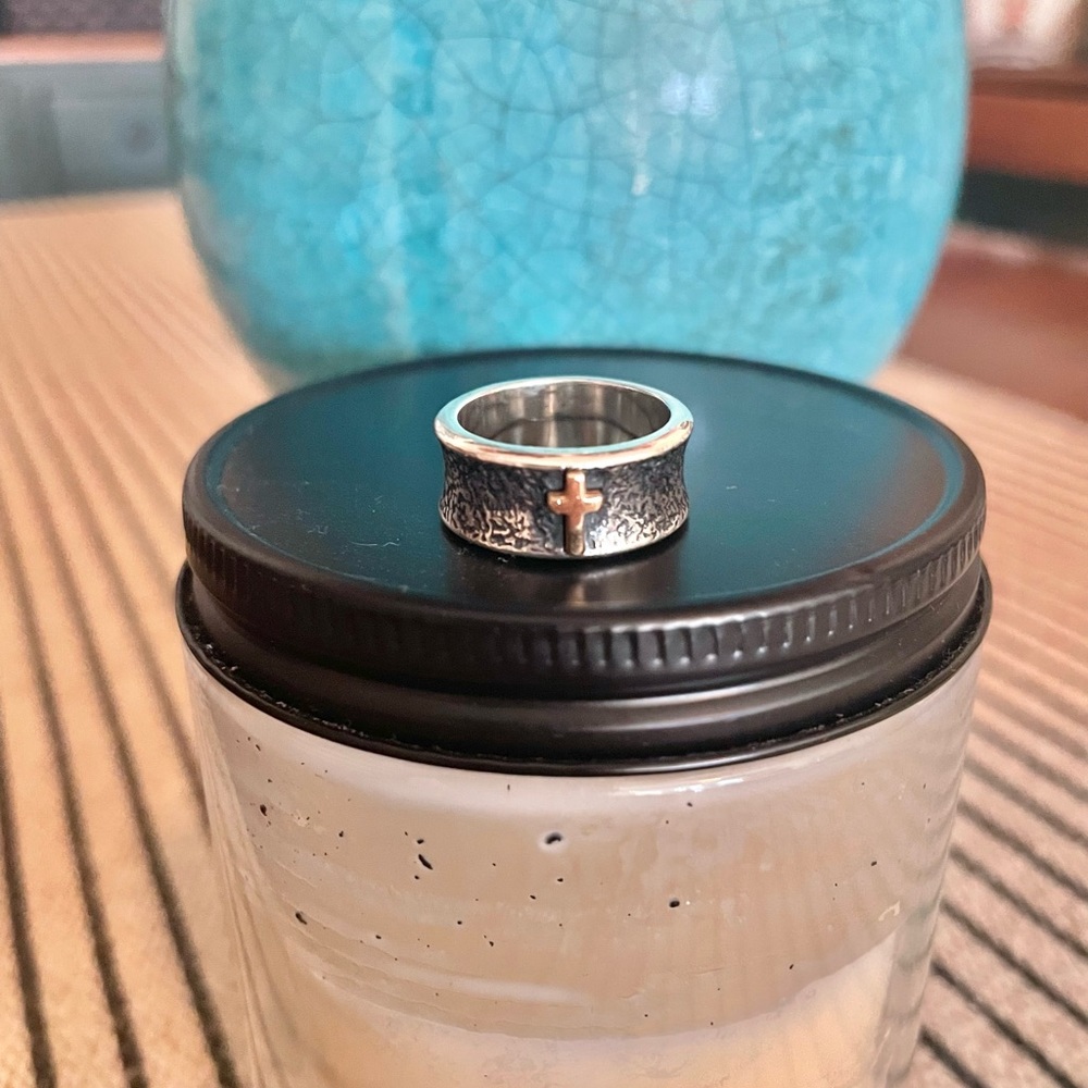 Textured Silver Band with Gold Cross